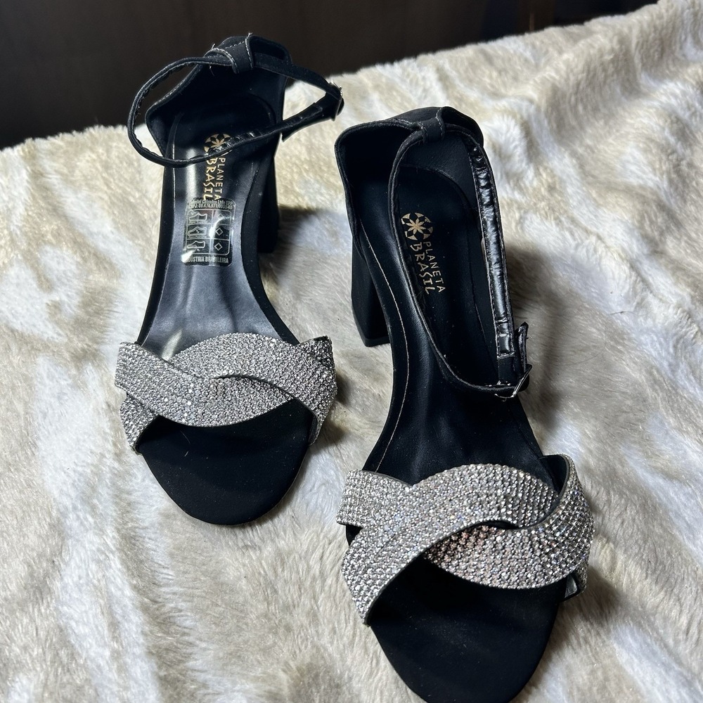 Planeta Brasil Women Black Rhinestone Block Heel Ankle Strap Sandals Size 37 6.5 - Picture 8 of 11